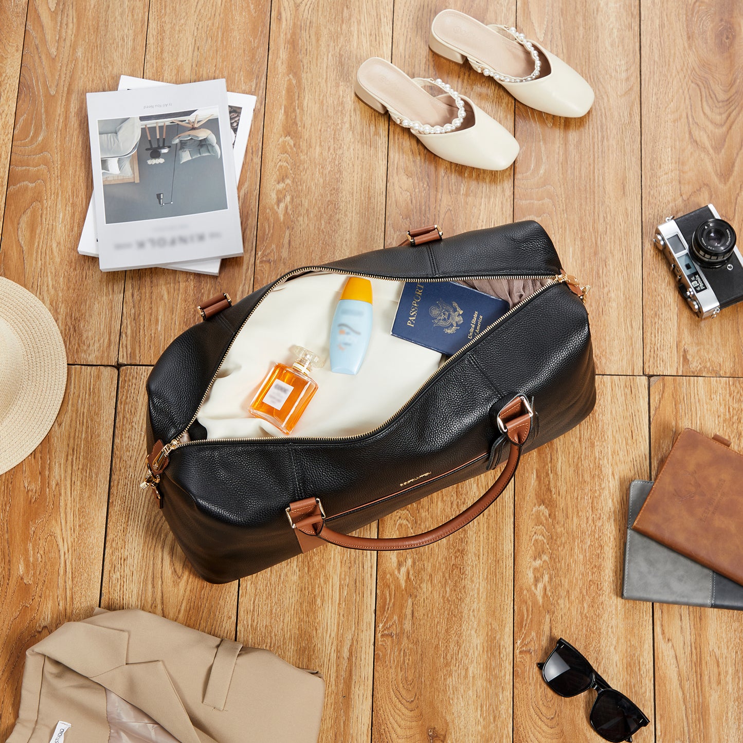 BOSTANTEN Weekender Bags for Women Leather Duffle Bag for Travel Overnight Duffel Carry on Large Tote with Trolley Sleeve and Luggage Tag