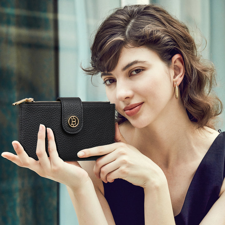 BOSTANTEN Leather Wallets for Women RFID Blocking Slim Bofild Purse Card Holder with Zipper Pocket