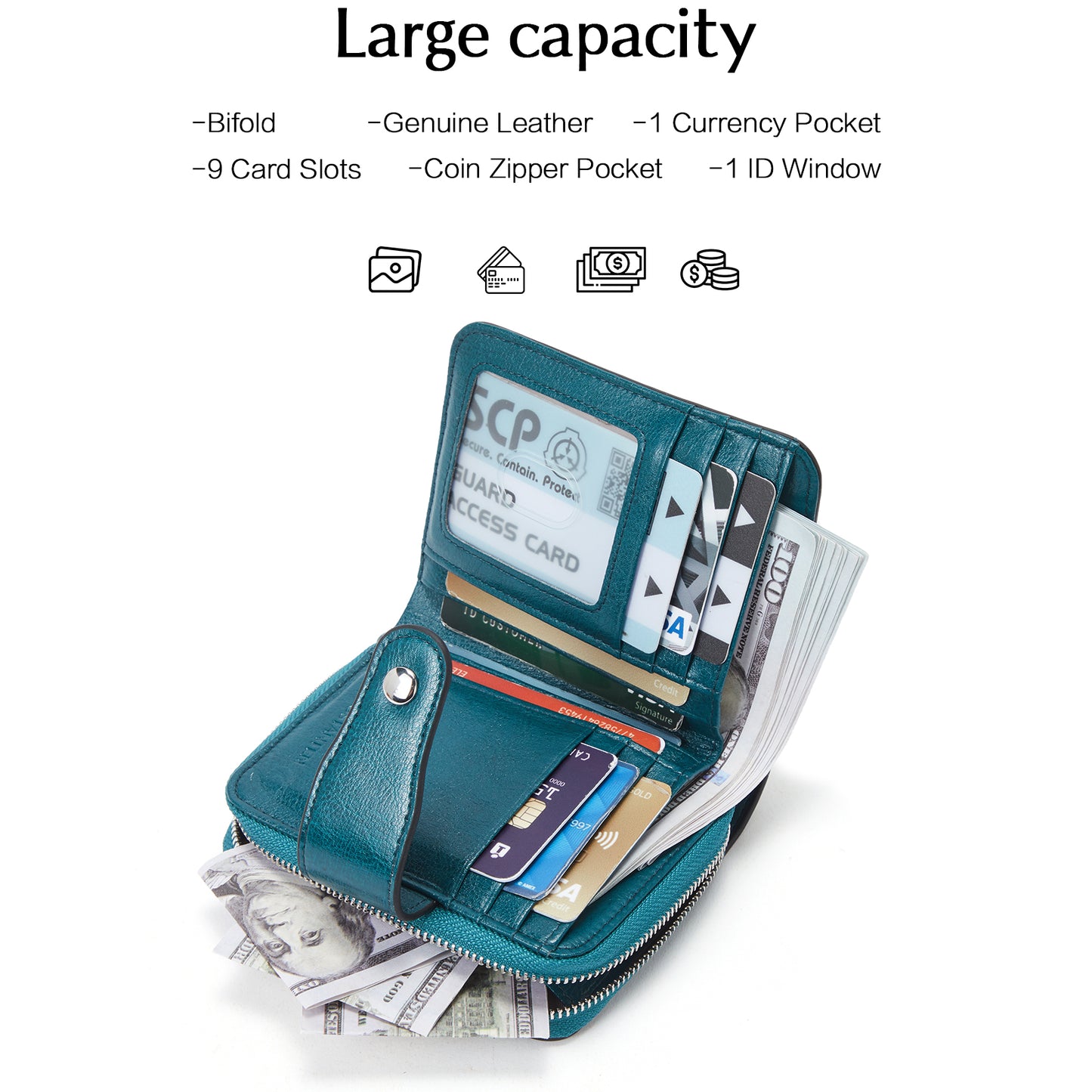 Leather Wallets for Women RFID Blocking Zipper Pocket Small Bifold Wallet Card Case