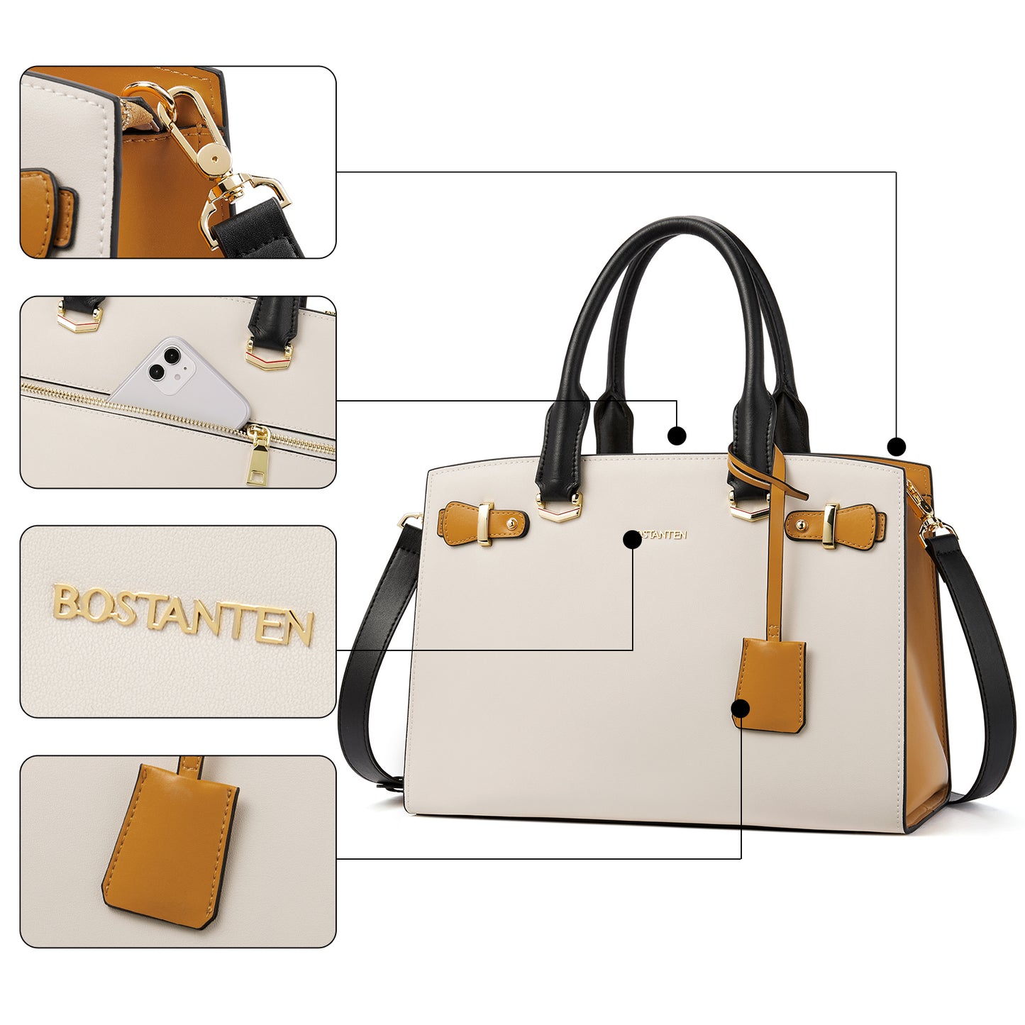 BOSTANTEN Women Leather Handbag Designer Satchel Purses Top Handle Shoulder Totes Crossbody Bag