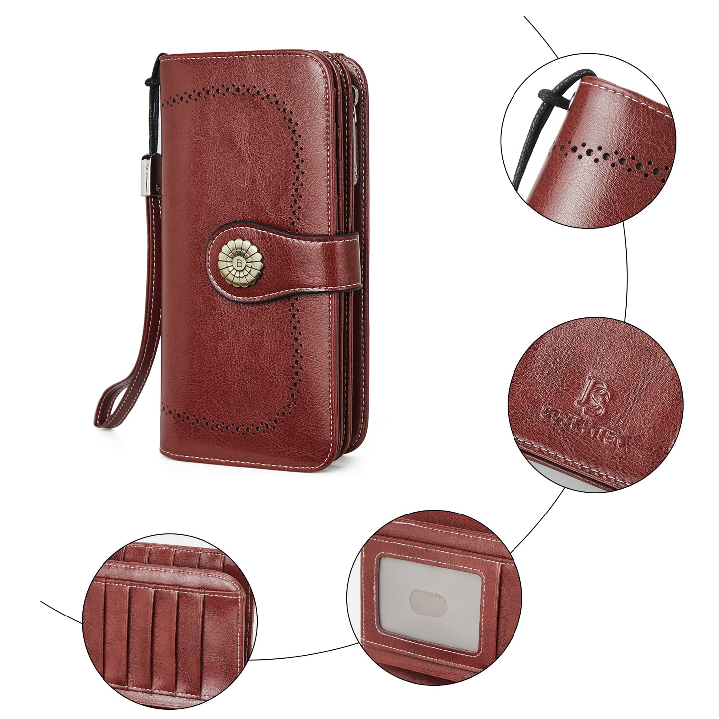 BOSTANTEN Womens Wallet Genuine Leather Large Capacity Wristlet Clutch Purse Credit Card Holder with RFID Blocking