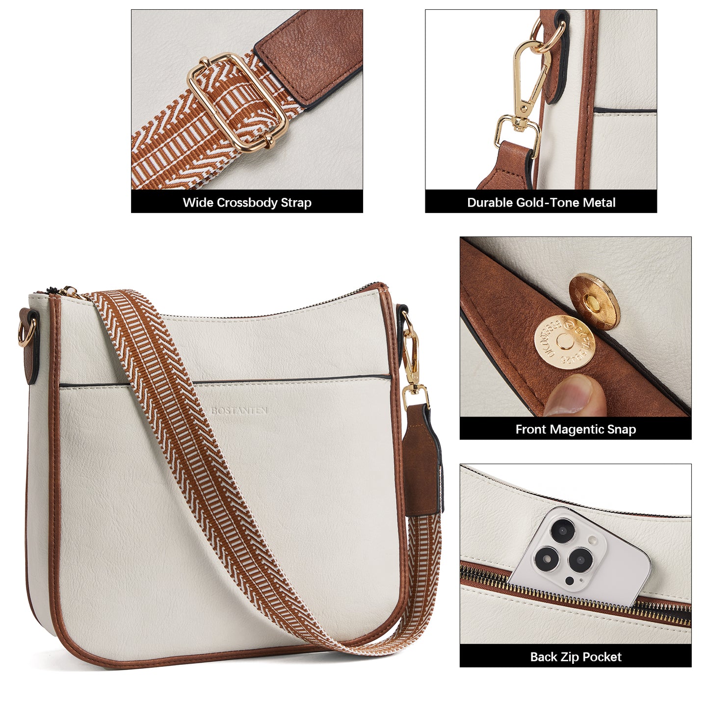 BOSTANTEN Crossbody Bags for Women Trendy Vegan Leather Hobo Purses Shoulder Handbags With Wide Shoulder Strap