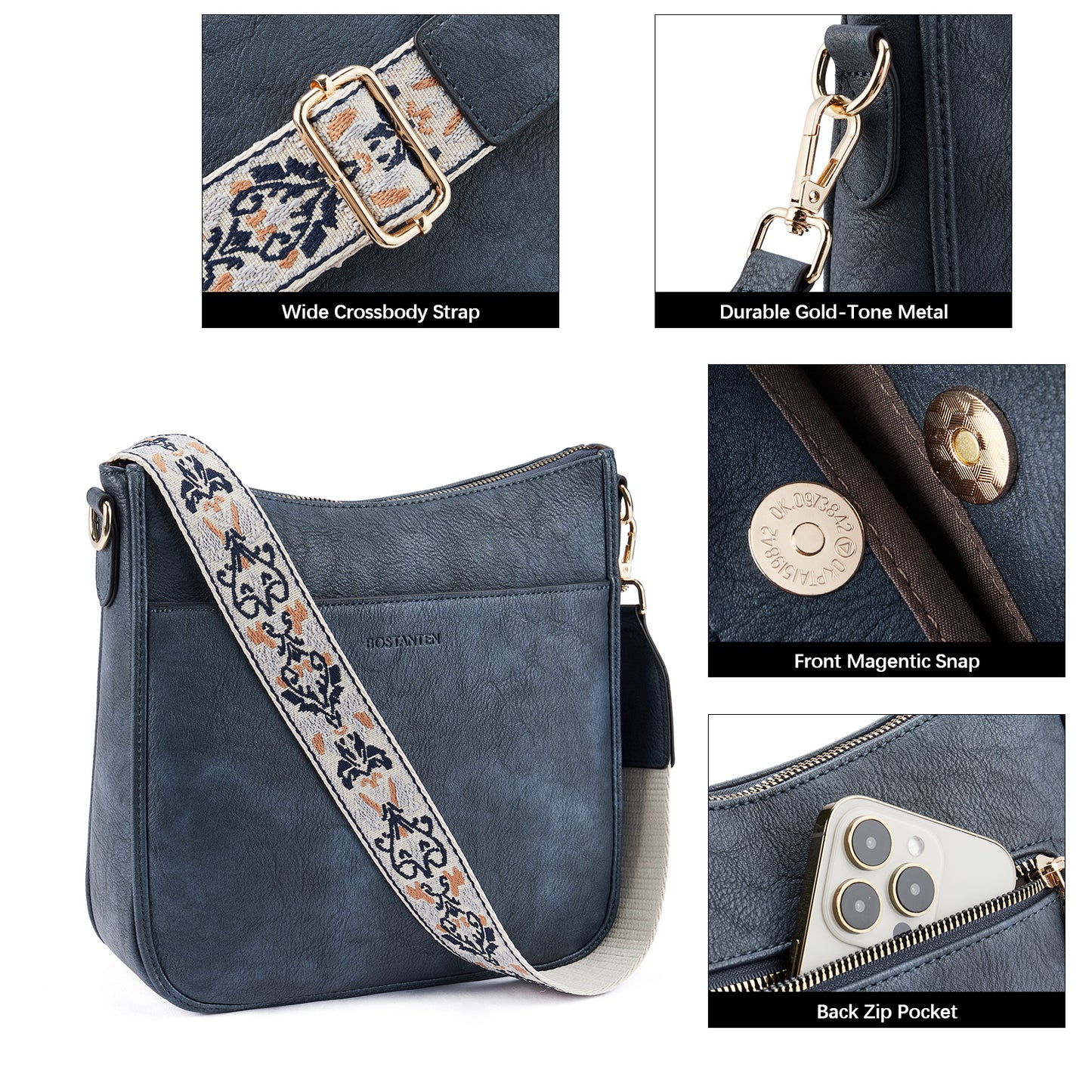 BOSTANTEN Crossbody Bags for Women Trendy Vegan Leather Hobo Purses Shoulder Handbags With Wide Shoulder Strap