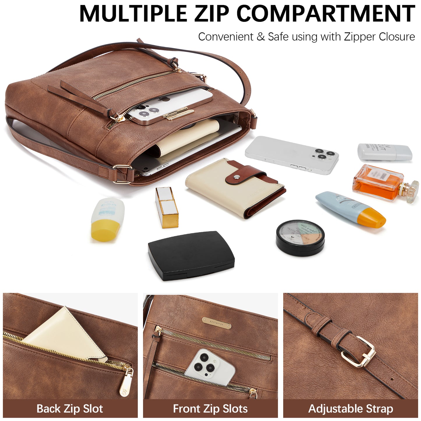 BOSTANTEN Crossbody Bags Purses for Women Trendy Soft Shoulder Handbags with Adjustable Strap Zipper Pocket Medium