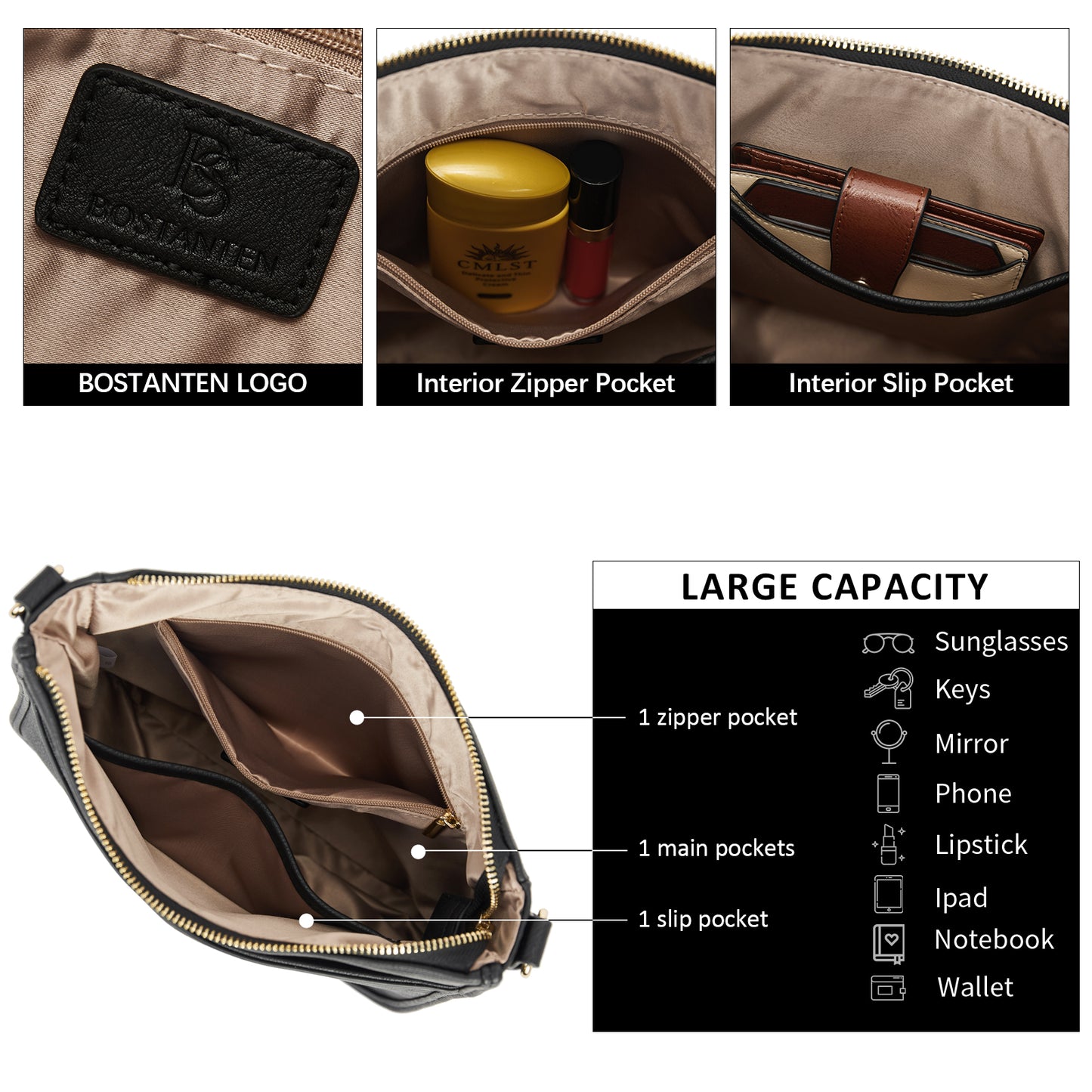 BOSTANTEN Crossbody Bags for Women Trendy Vegan Leather Hobo Purses Shoulder Handbags With Wide Shoulder Strap