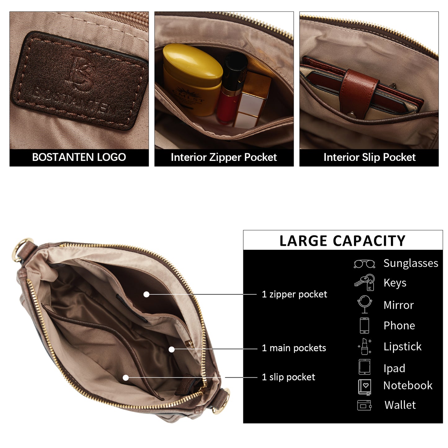 BOSTANTEN Crossbody Bags for Women Trendy Vegan Leather Hobo Purses Shoulder Handbags With Wide Shoulder Strap