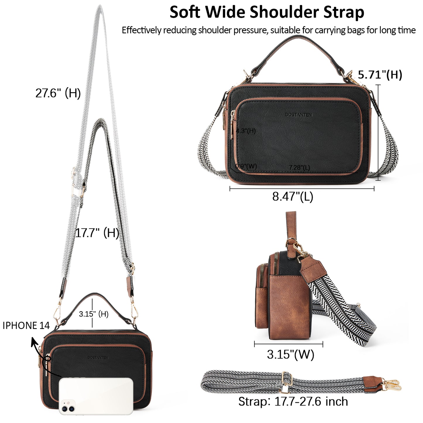 BOSTANTEN Crossbody Bags for Women Trendy Vegan Leather Purses Top Handle Shoulder Handbags with Wide Strap