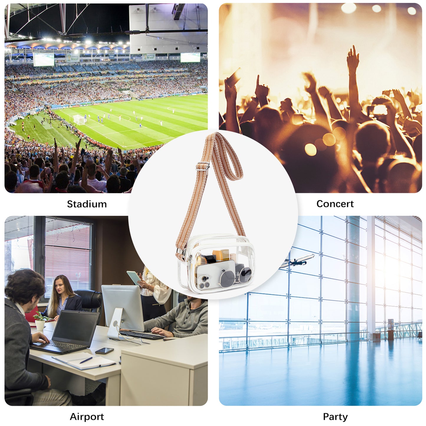 BOSTANTEN Clear Crossbody Purse for Women Triple Zip Cell Phone Handbag with Colored Shoulder Strap