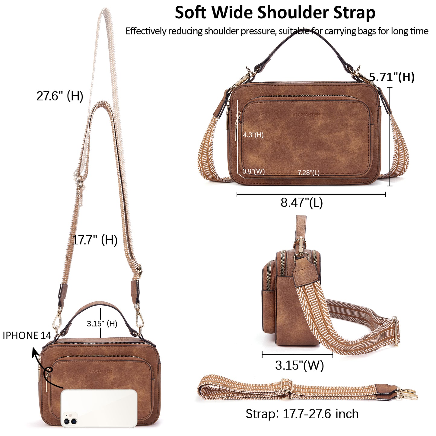 BOSTANTEN Crossbody Bags for Women Trendy Vegan Leather Purses Top Handle Shoulder Handbags with Wide Strap