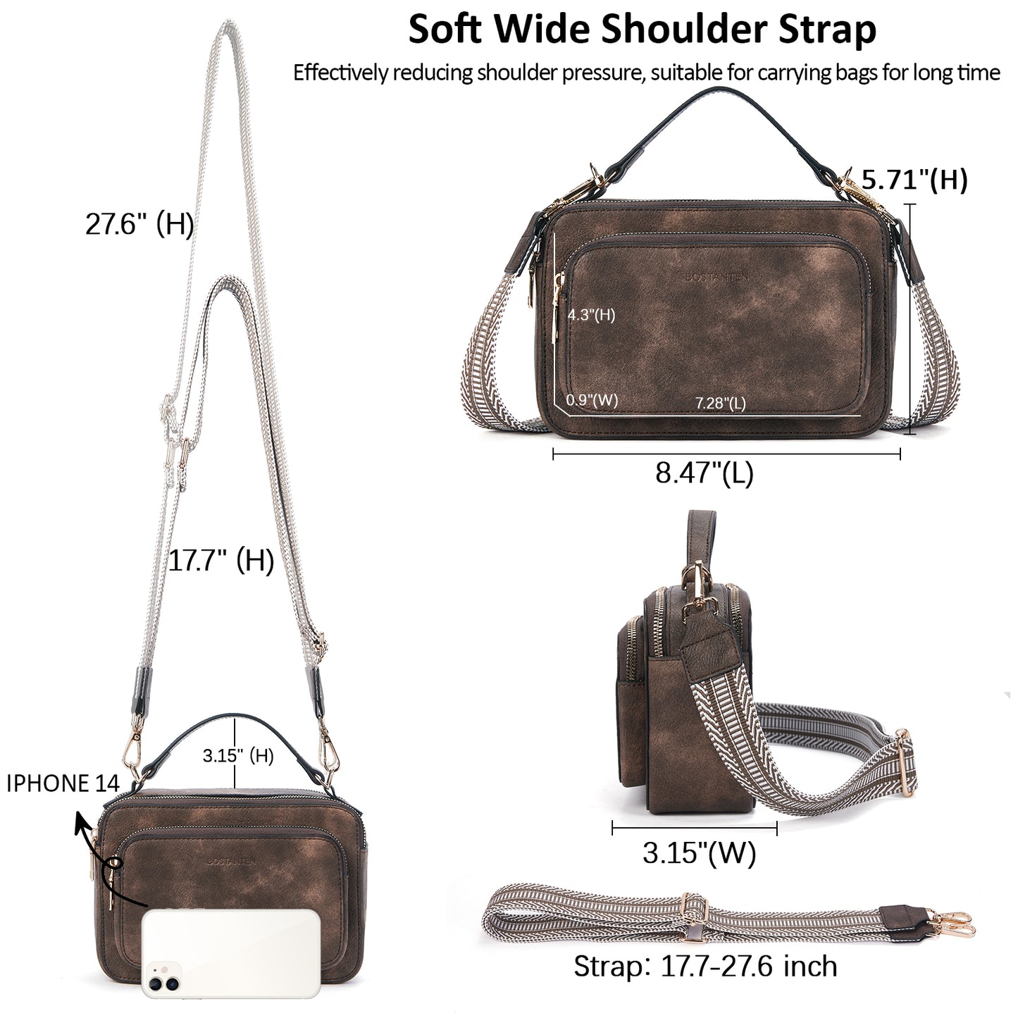 BOSTANTEN Crossbody Bags for Women Trendy Vegan Leather Purses Top Handle Shoulder Handbags with Wide Strap