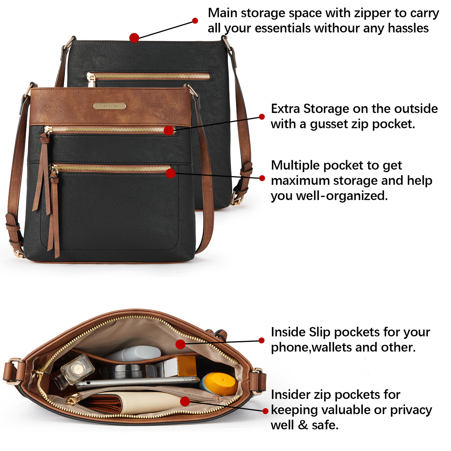 BOSTANTEN Crossbody Bags Purses for Women Trendy Soft Shoulder Handbags with Adjustable Strap Zipper Pocket Medium