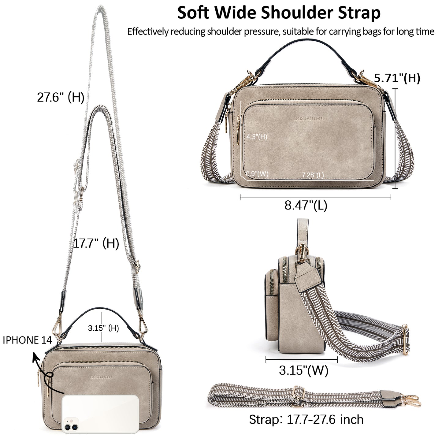 BOSTANTEN Crossbody Bags for Women Trendy Vegan Leather Purses Top Handle Shoulder Handbags with Wide Strap