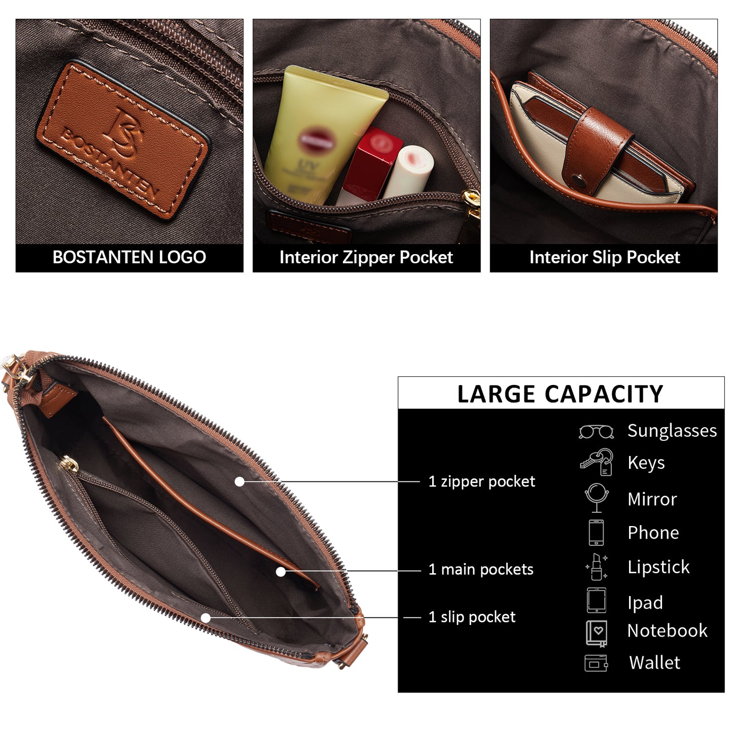 BOSTANTEN Crossbody Bags for Women Trendy Vegan Leather Hobo Purses Shoulder Handbags With Wide Shoulder Strap