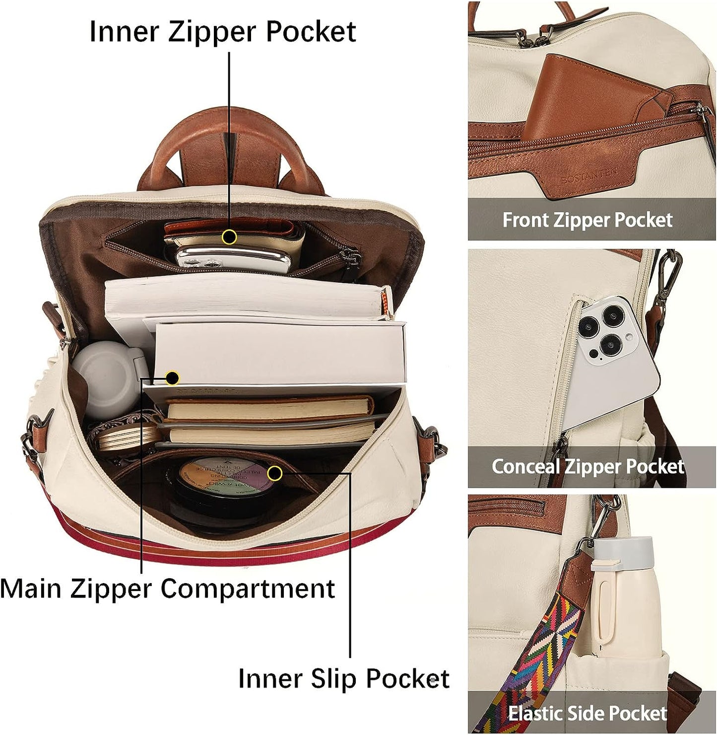 BOSTANTEN Backpack Purse for Women Fashion Designer Travel Backpack Leather Convertible Shoulder Bags Casual Daypack Beige-brown