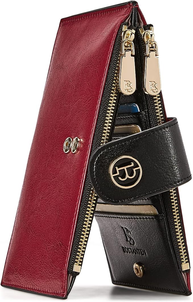 BOSTANTEN Leather Wallets for Women RFID Blocking Slim Bofild Purse Card Holder with Zipper Pocket