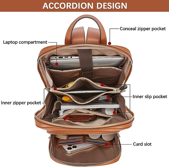 BOSTANTEN Leather Laptop Backpack for Women 15.6 inch Computer Bag Travel Work Daypack Large Size Bag