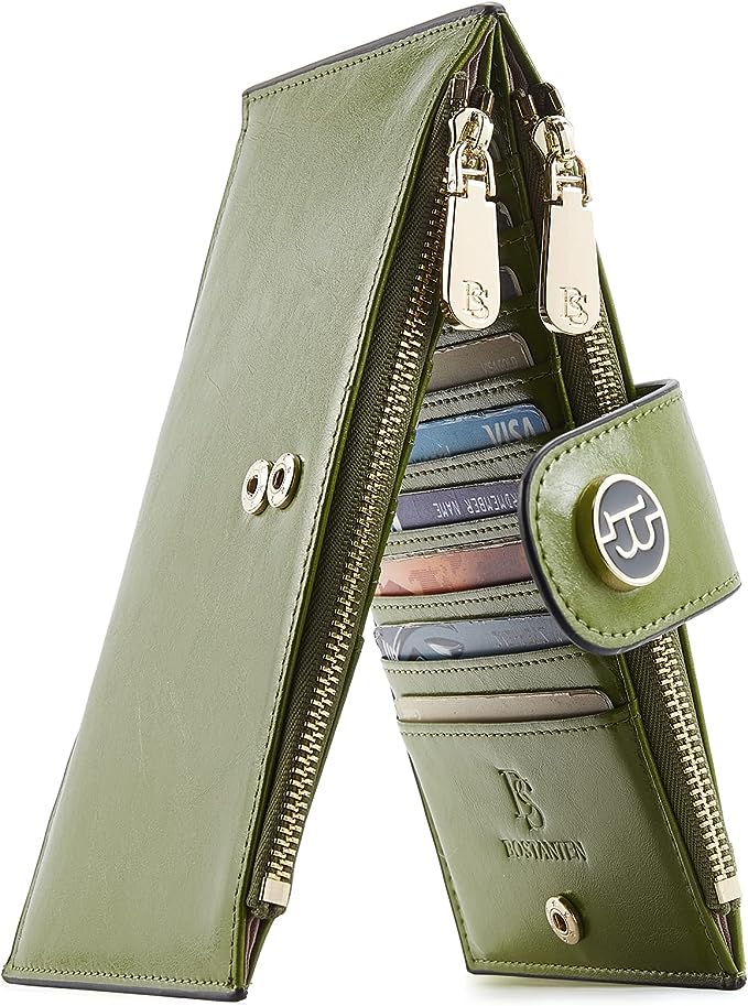 BOSTANTEN Leather Wallets for Women RFID Blocking Slim Bofild Purse Card Holder with Zipper Pocket