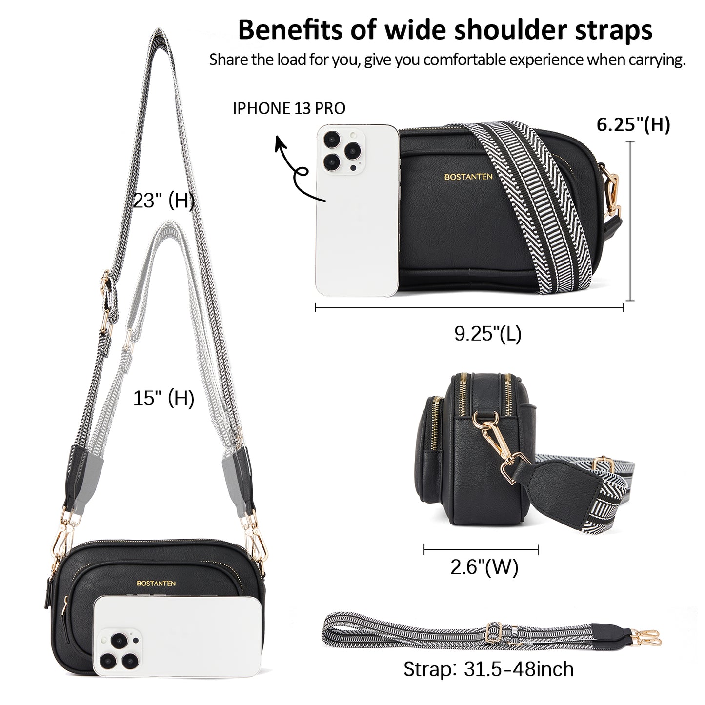BOSTANTEN Crossbody Bags for Women Vegan Leather Purse Shoulder Handbags with Wide Strap