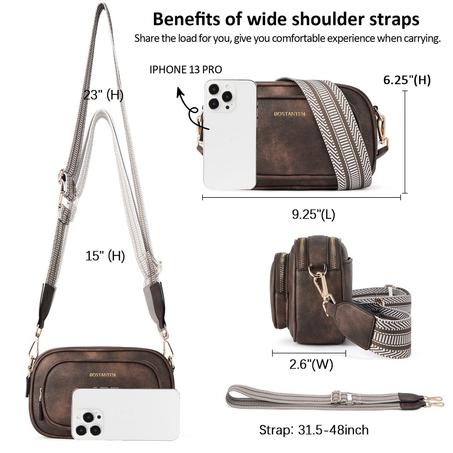 BOSTANTEN Crossbody Bags for Women Vegan Leather Purse Shoulder Handbags with Wide Strap