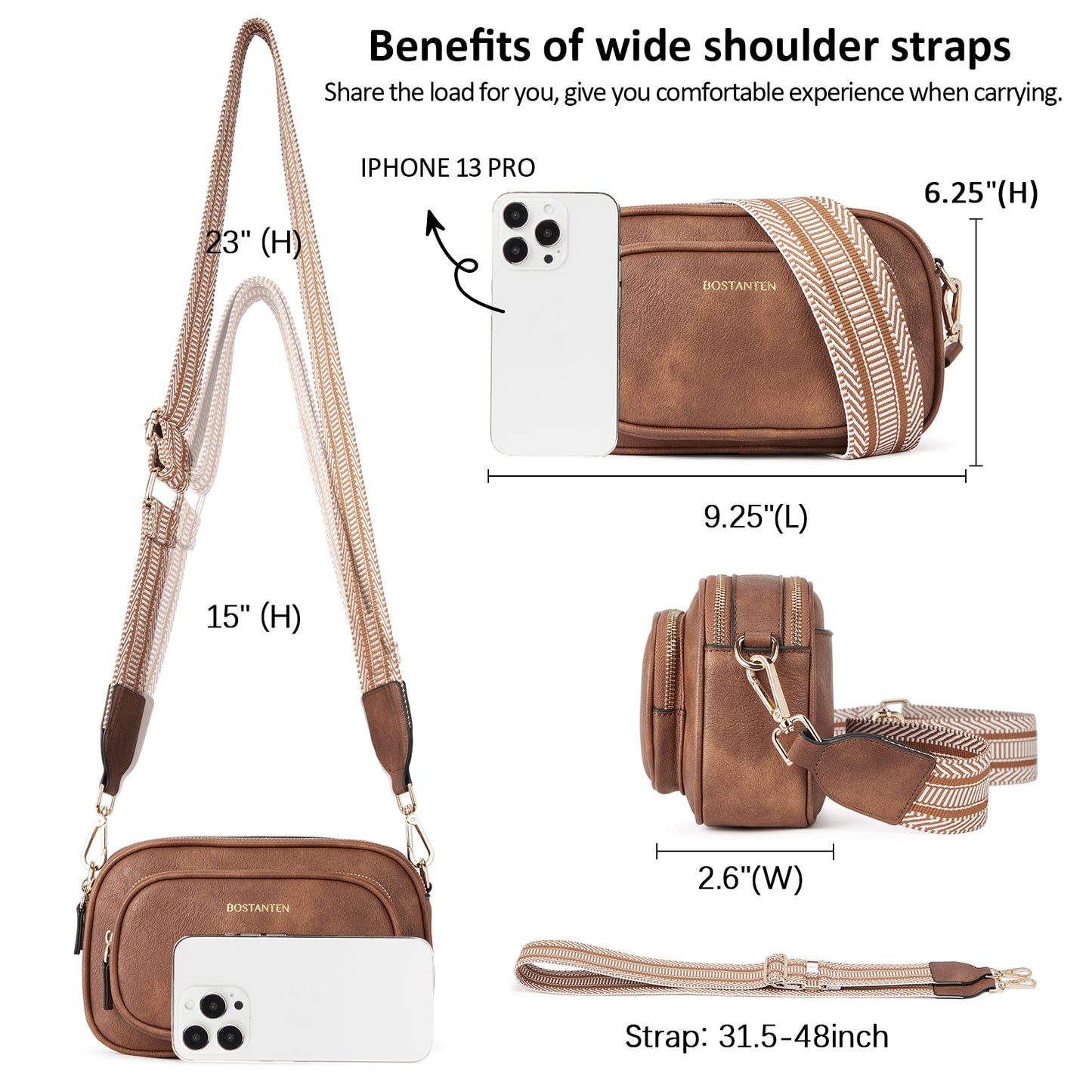 BOSTANTEN Crossbody Bags for Women Vegan Leather Purse Shoulder Handbags with Wide Strap