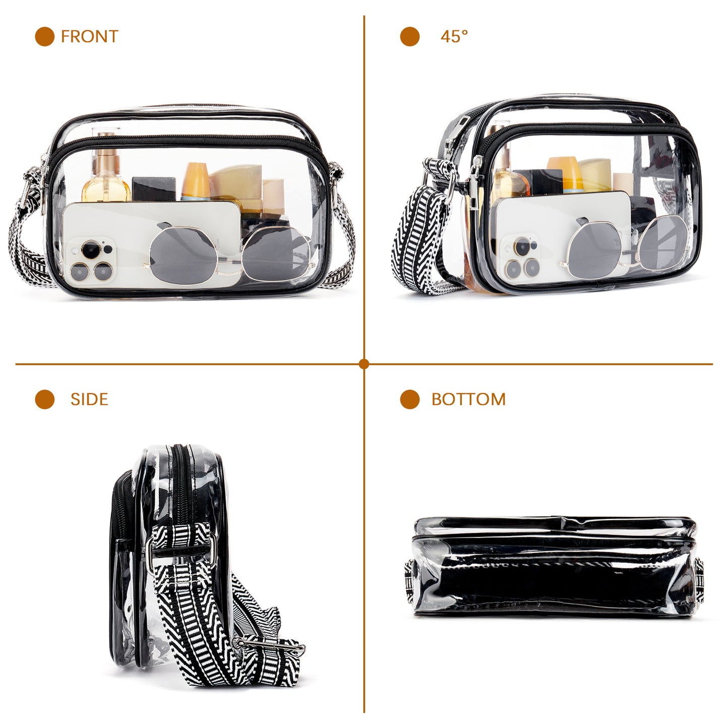 BOSTANTEN Clear Crossbody Purse for Women Triple Zip Cell Phone Handbag with Colored Shoulder Strap