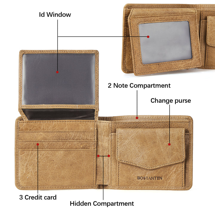BOSTANTEN Genuine Leather Wallets for Men Bifold RFID Blocking Wallet with 2 ID Window