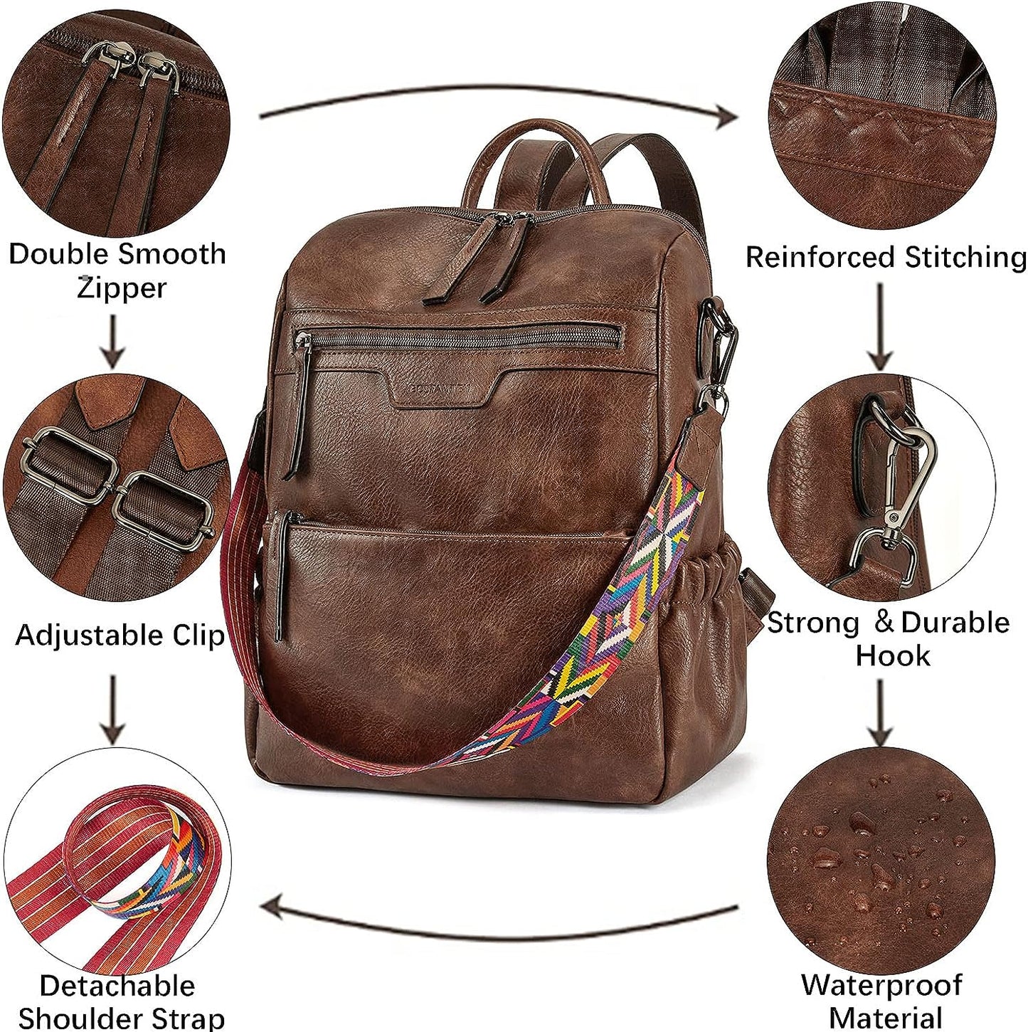 BOSTANTEN Backpack Purse for Women Fashion Designer Travel Backpack Leather Convertible Shoulder Bags Casual Daypack Beige-brown