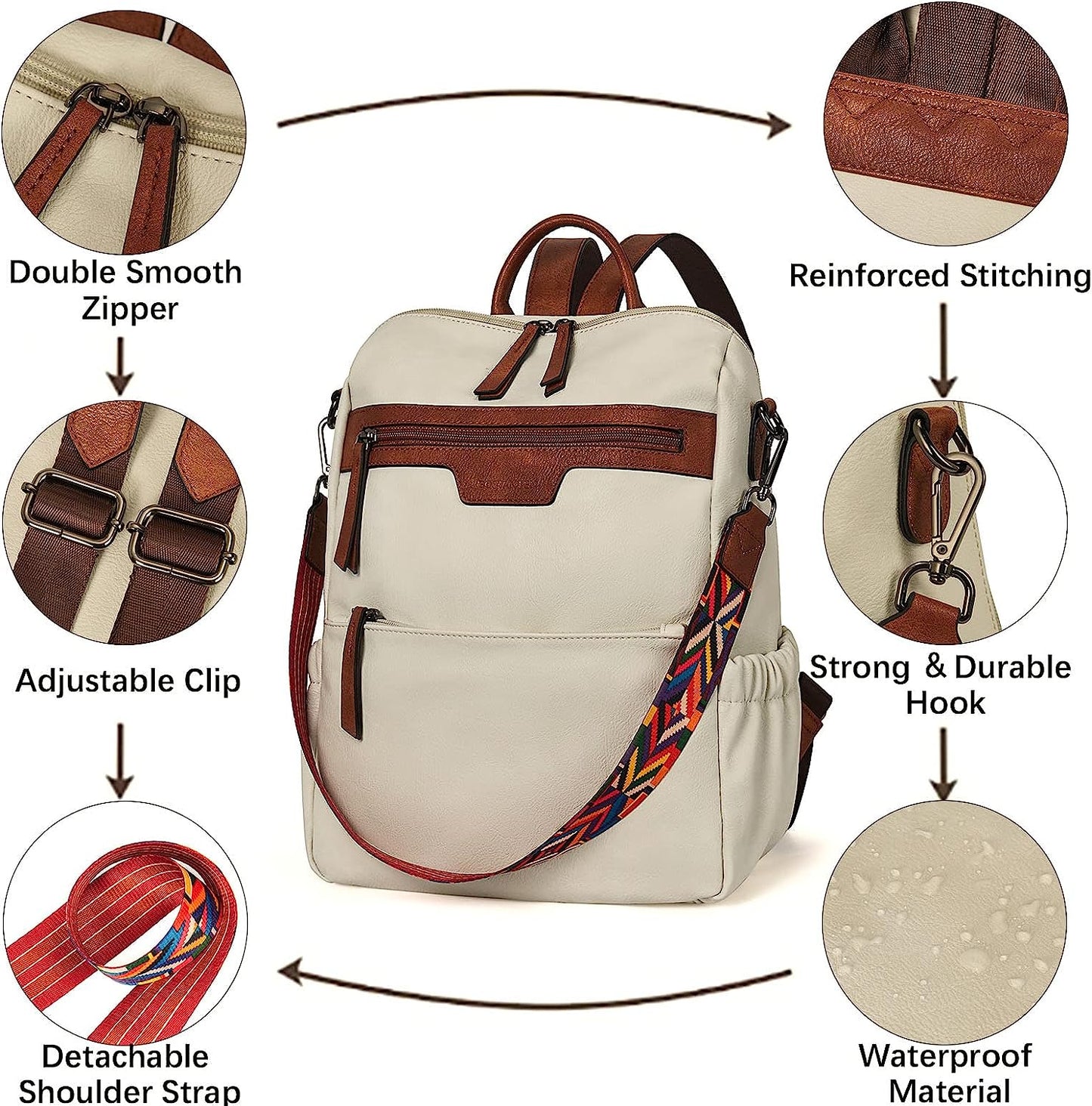 BOSTANTEN Backpack Purse for Women Fashion Designer Travel Backpack Leather Convertible Shoulder Bags Casual Daypack Beige-brown