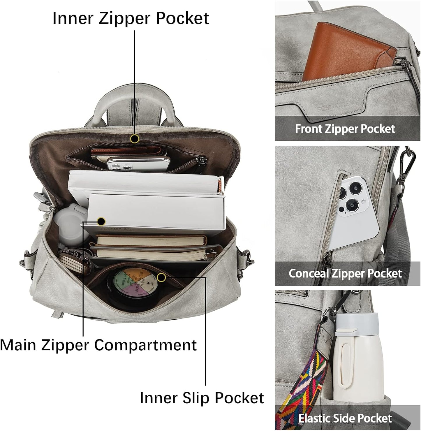 BOSTANTEN Backpack Purse for Women Fashion Designer Travel Backpack Leather Convertible Shoulder Bags Casual Daypack Beige-brown