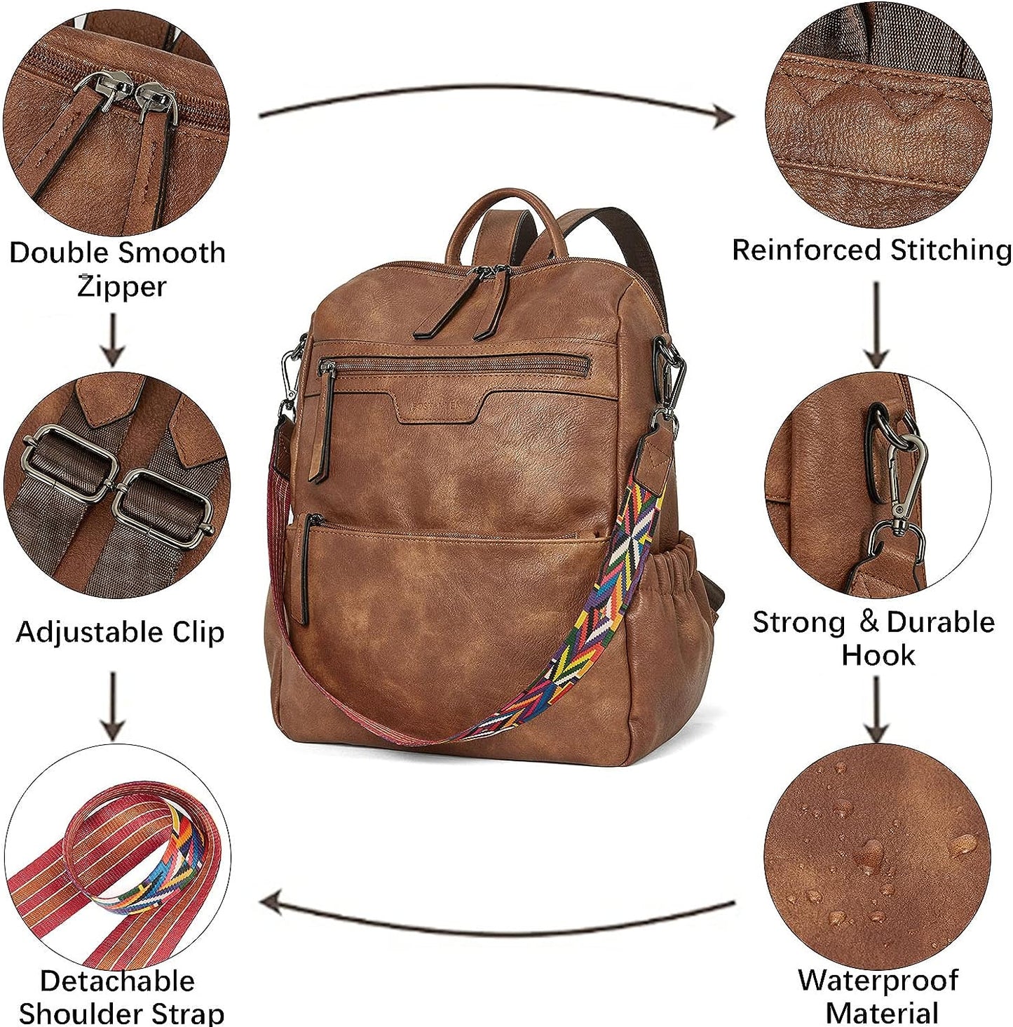 BOSTANTEN Backpack Purse for Women Fashion Designer Travel Backpack Leather Convertible Shoulder Bags Casual Daypack Beige-brown