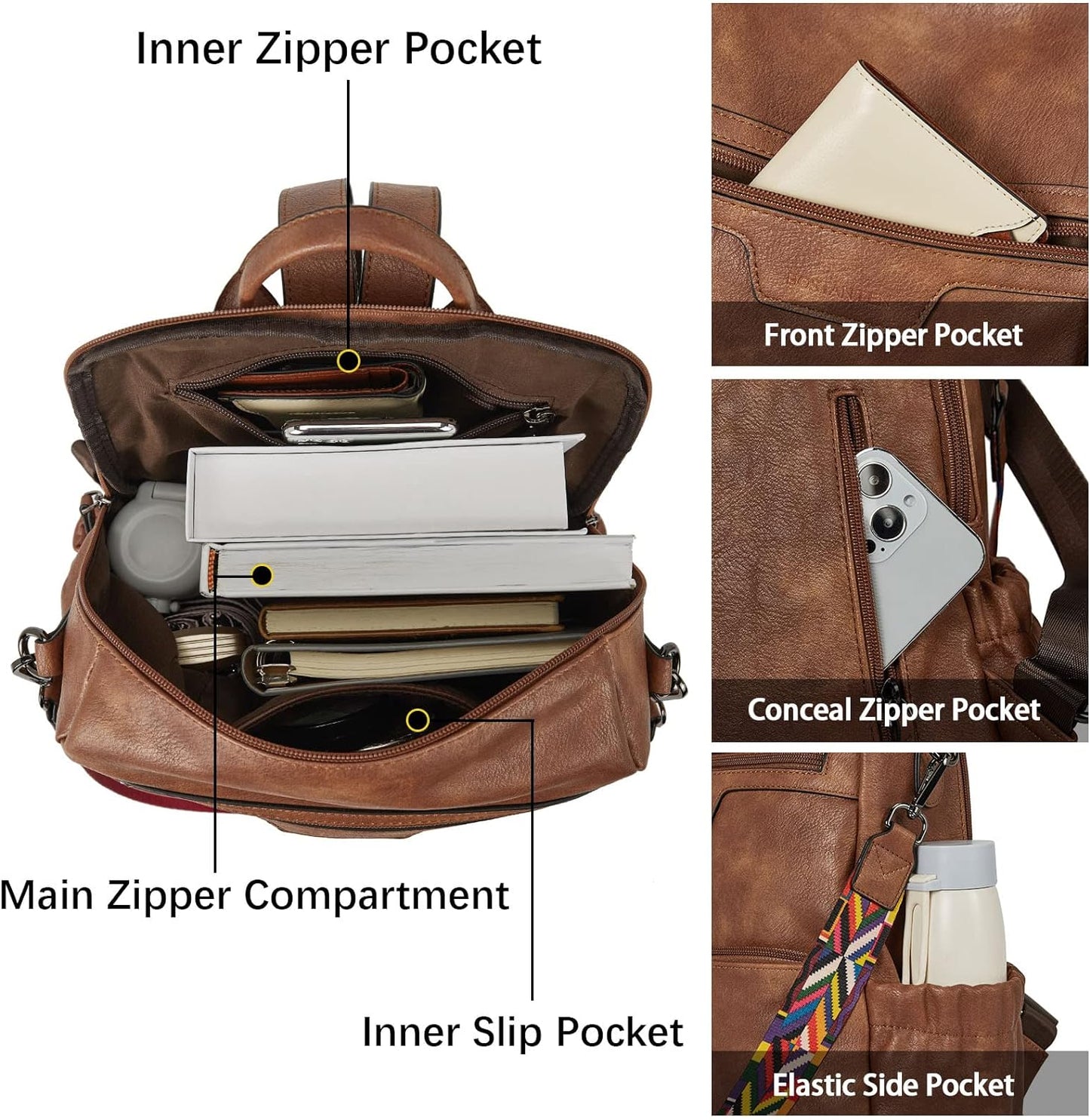 BOSTANTEN Backpack Purse for Women Fashion Designer Travel Backpack Leather Convertible Shoulder Bags Casual Daypack Beige-brown