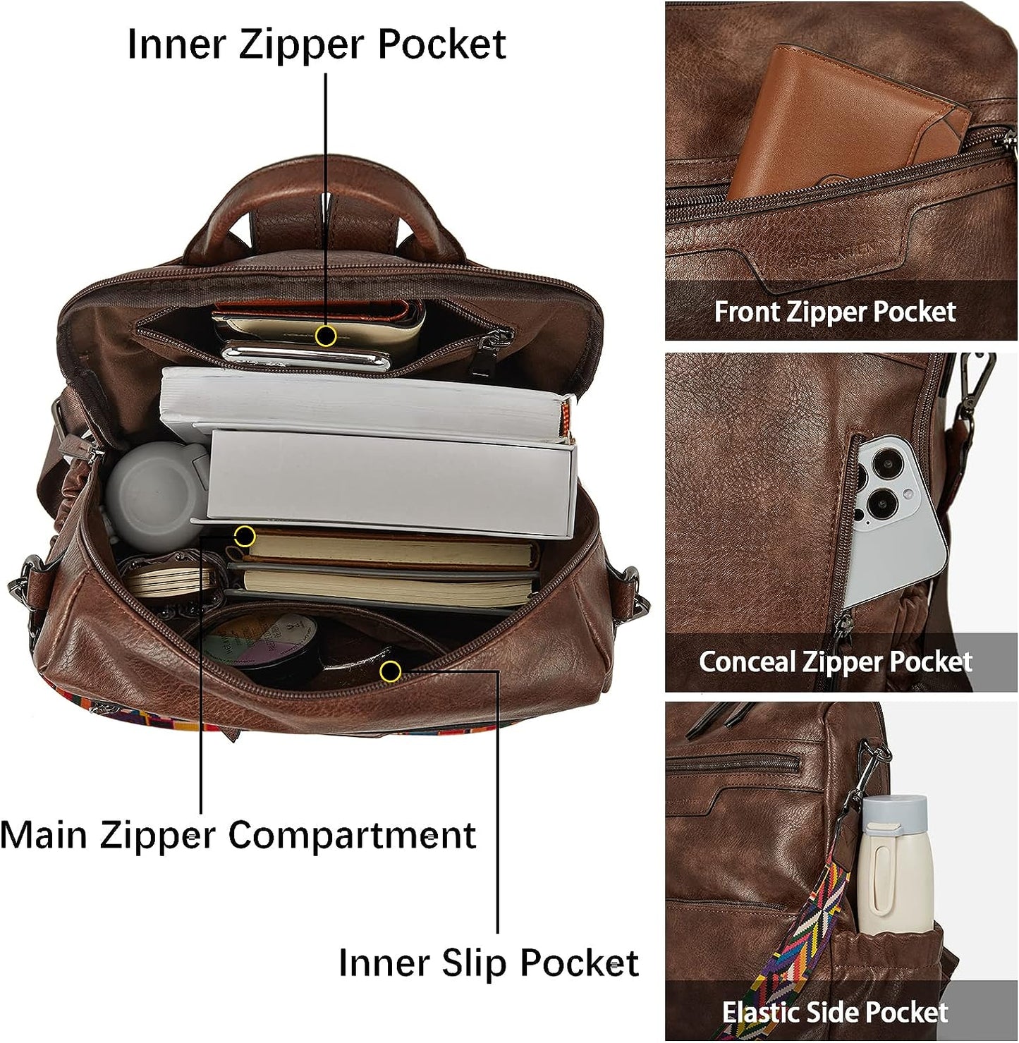 BOSTANTEN Backpack Purse for Women Fashion Designer Travel Backpack Leather Convertible Shoulder Bags Casual Daypack Beige-brown