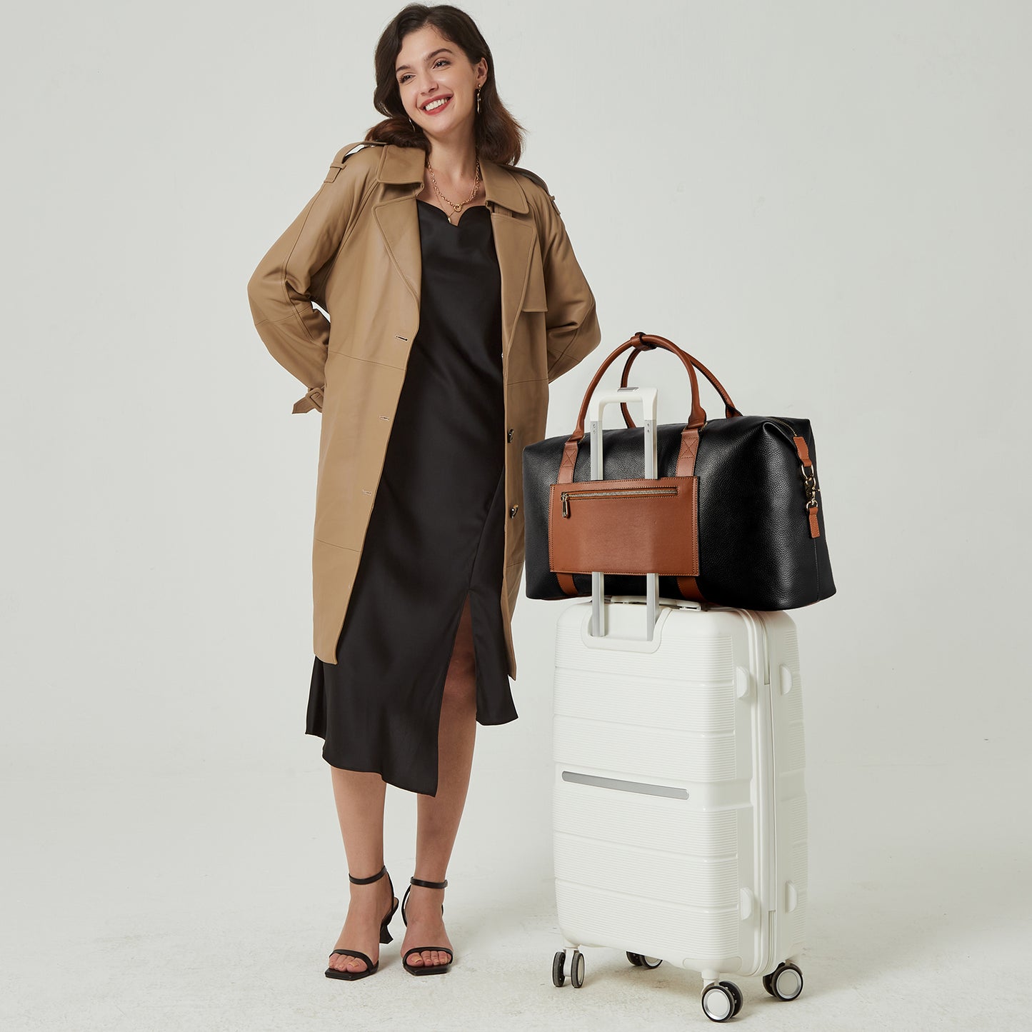 BOSTANTEN Weekender Bags for Women Leather Duffle Bag for Travel Overnight Duffel Carry on Large Tote with Trolley Sleeve and Luggage Tag