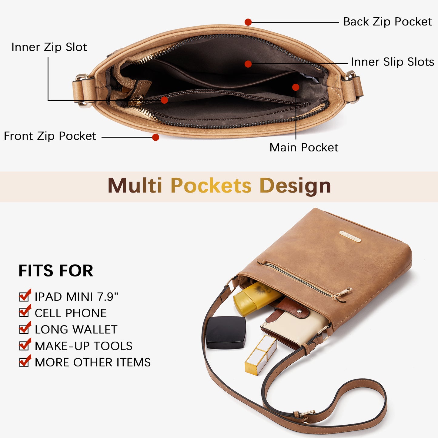 BOSTANTEN Crossbody Bags for Women Trendy Leather Designer Cell Phone Multi Pocket Cross Body Purses Shoulder Handbag Ladies