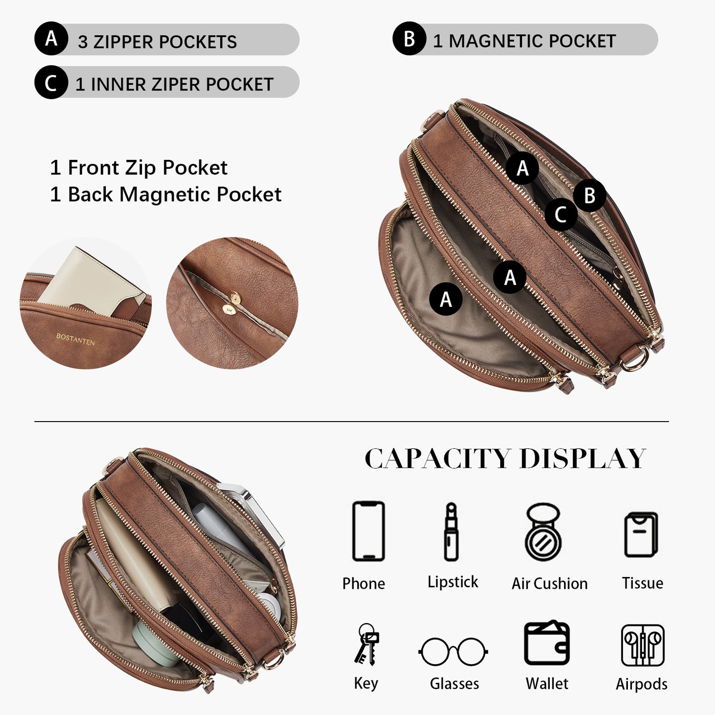 BOSTANTEN Crossbody Bags for Women Vegan Leather Purse Shoulder Handbags with Wide Strap