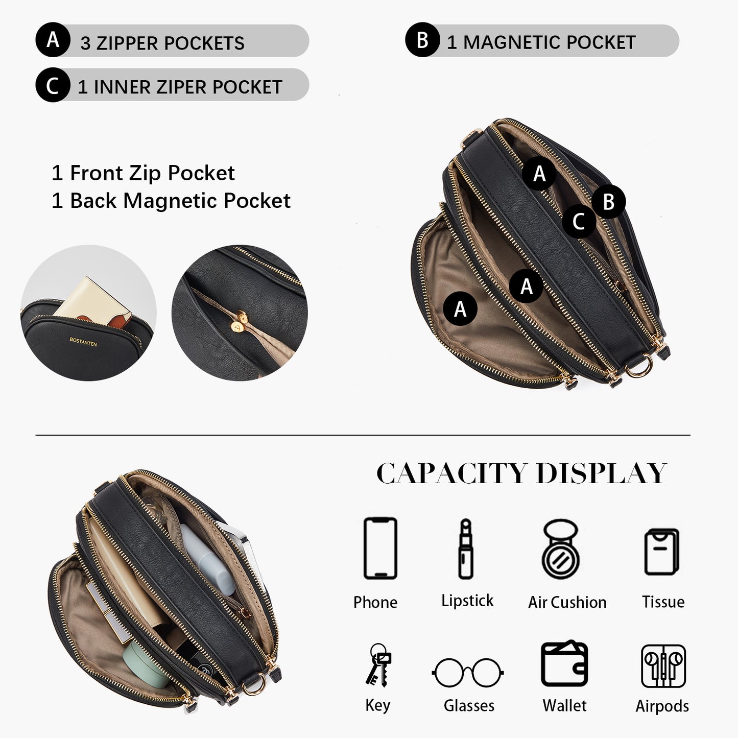 BOSTANTEN Crossbody Bags for Women Vegan Leather Purse Shoulder Handbags with Wide Strap