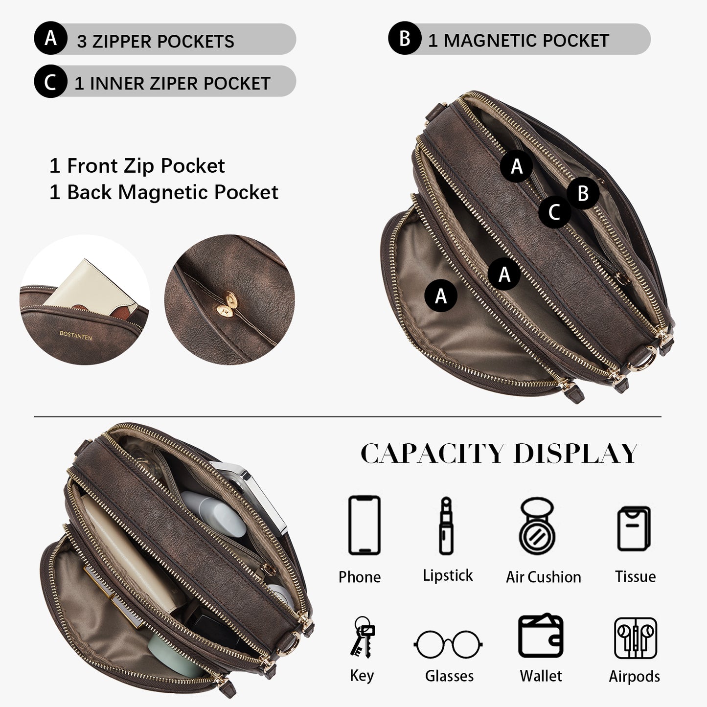 BOSTANTEN Crossbody Bags for Women Vegan Leather Purse Shoulder Handbags with Wide Strap