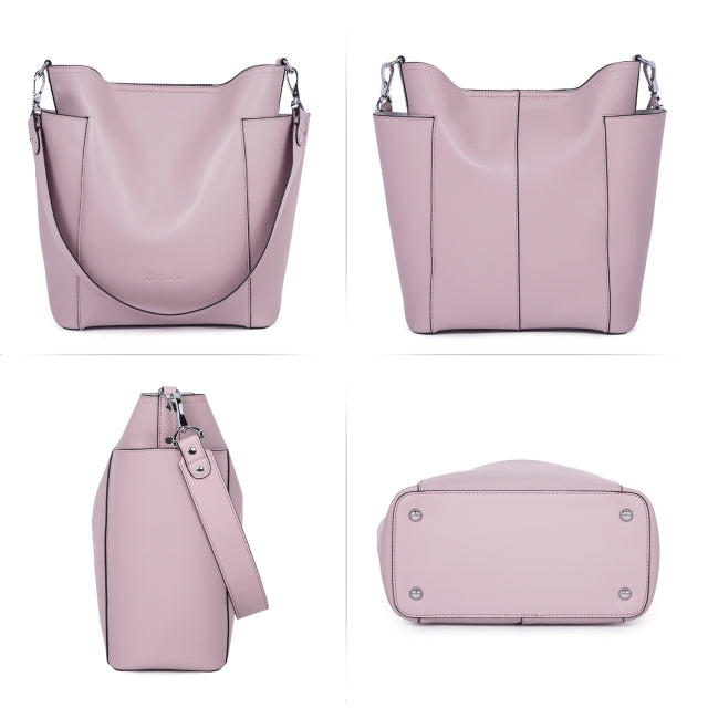 BOSTANTEN Genuine Leather Bucket Handbag Designer Hobo Shoulder Bags Tote Purses and Handbags Set with Clutch Purses, Pink