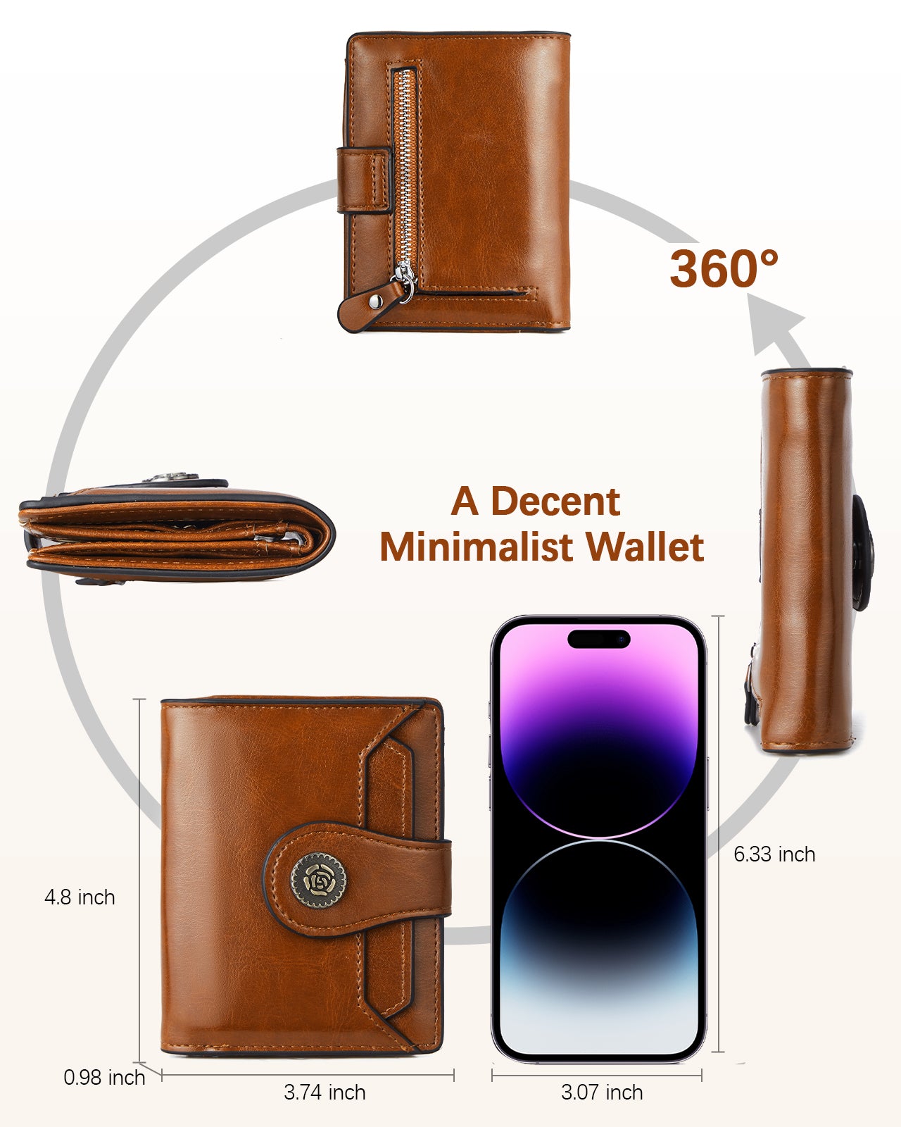 Women Leather Wallet Small RFID Blocking Bifold Zipper Pocket Wallet Card Case with ID Window Brown