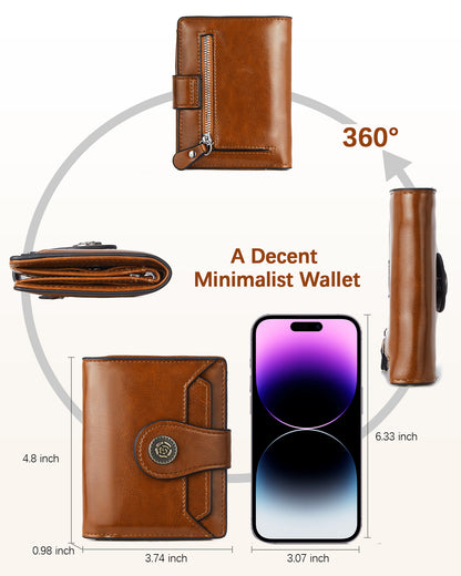 Women Leather Wallet Small RFID Blocking Bifold Zipper Pocket Wallet Card Case with ID Window Brown
