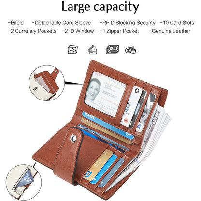 BOSTANTEN Women Leather Wallet RFID Blocking Small Bifold Zipper Pocket Wallet Card Case Purse with ID Window