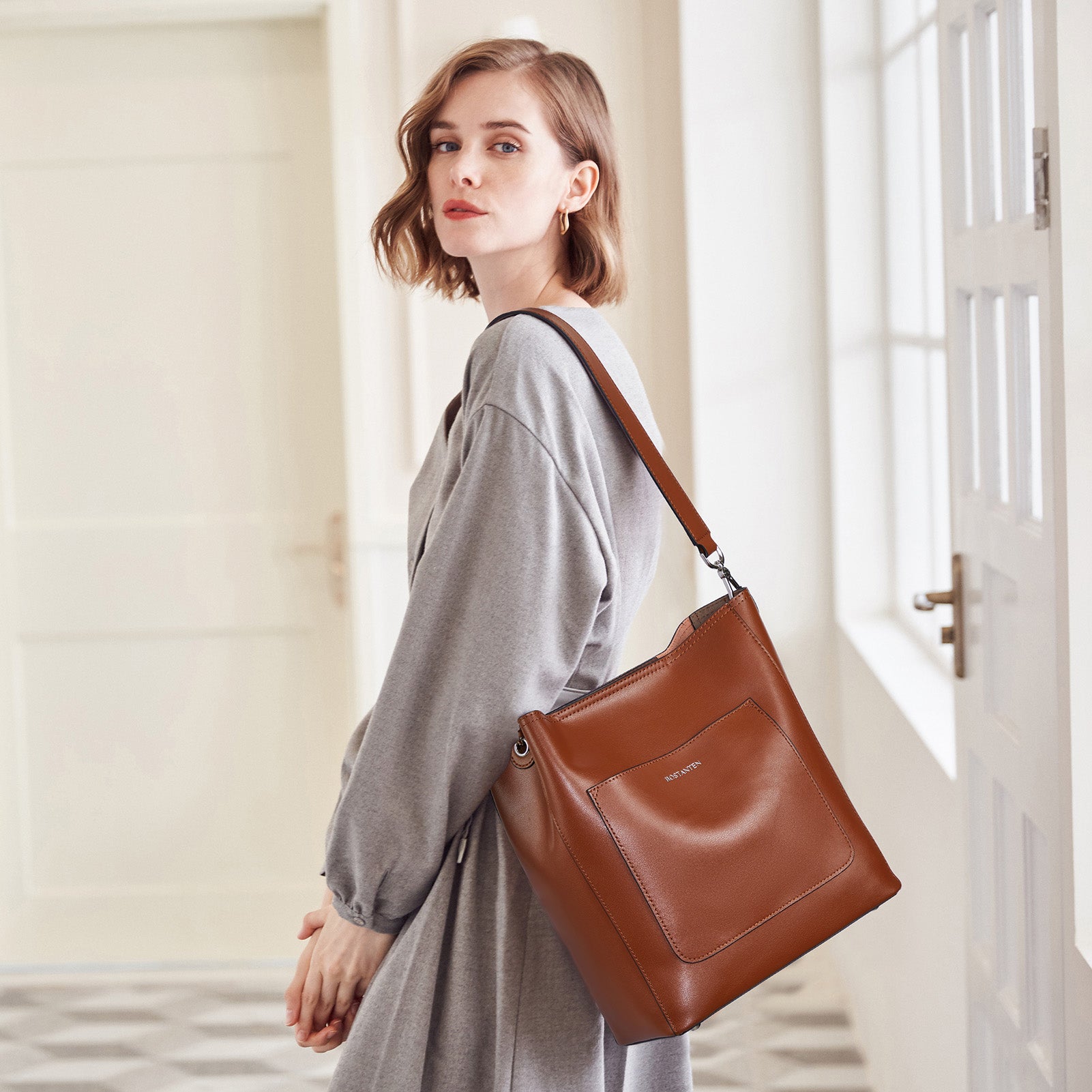 Bostan Ten BOSTANTEN Women's Leather Designer Handbags Tote Purses Shoulder Bucket Bags, Size: 5.1, Brown
