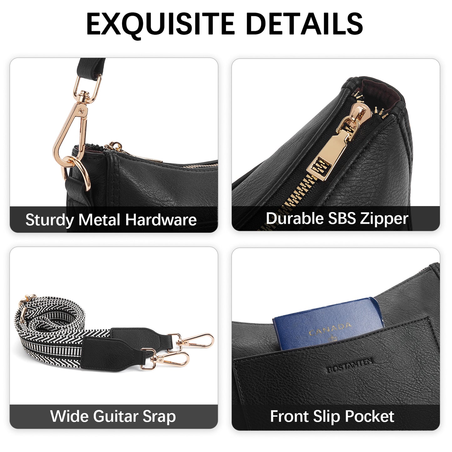 BOSTANTEN Crossbody Bags for Women Trendy Vegan Leather Hobo Handbags Fashion Shoulder Purse with Adjustable Guitar Strap