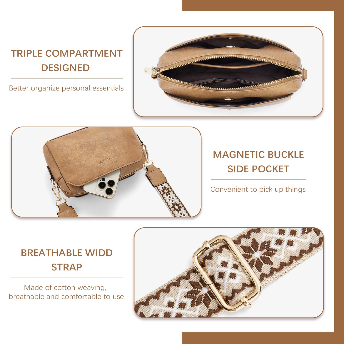 BOSTANTEN Crossbody Purses for Women Vegan Leather Triple Designed Crossbody Handbags Shoulder Bag with Wide Strap