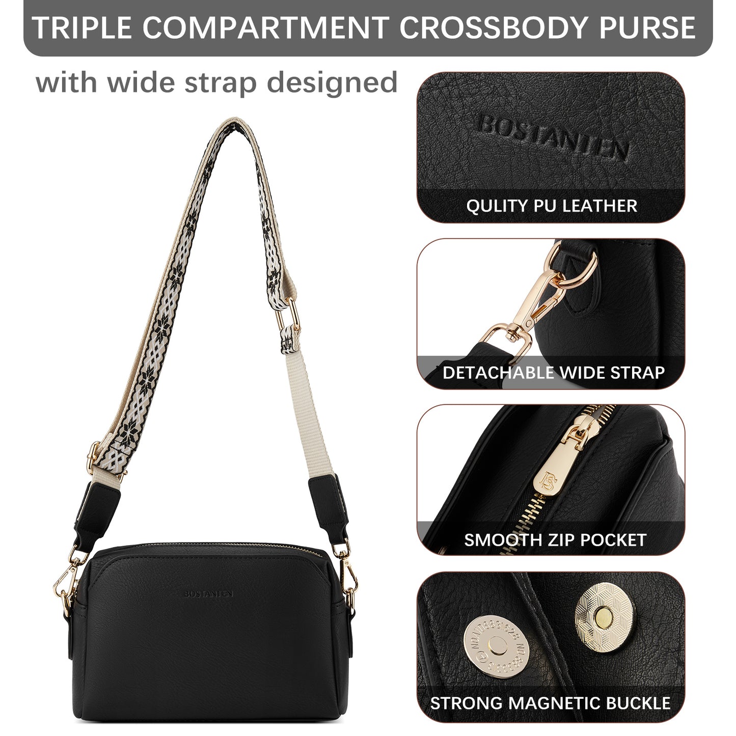 BOSTANTEN Crossbody Purses for Women Vegan Leather Triple Designed Crossbody Handbags Shoulder Bag with Wide Strap