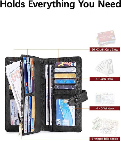 BOSTANTEN Women Wax Genuine Leather Wallet Credit Card Cash Holder Large Capacity Clutch Purse