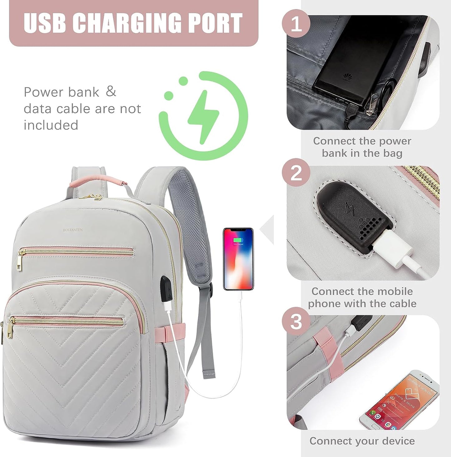 BOSTANTEN 15.6 Inch Laptop Backpack for Women- College Teacher Computer Bag Travel Backpack Purse with USB Charging Port