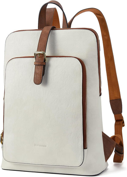 BOSTANTEN Leather Laptop Backpack Women 15.6 inch Computer Backpack Travel Business Shoulder Bags Vintage Casual Daypack Beige＆Brown