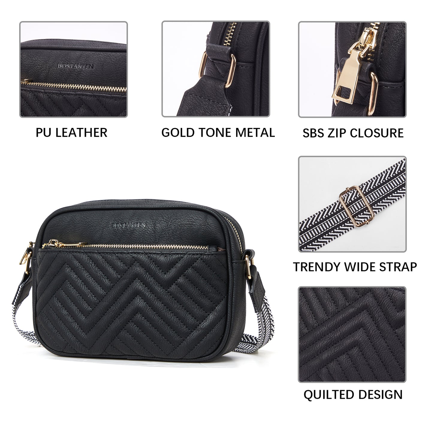 BOSTANTEN Quilted Crossbody Bags for Women Vegan Leather Purses Small Shoulder Handbags with Wide Strap