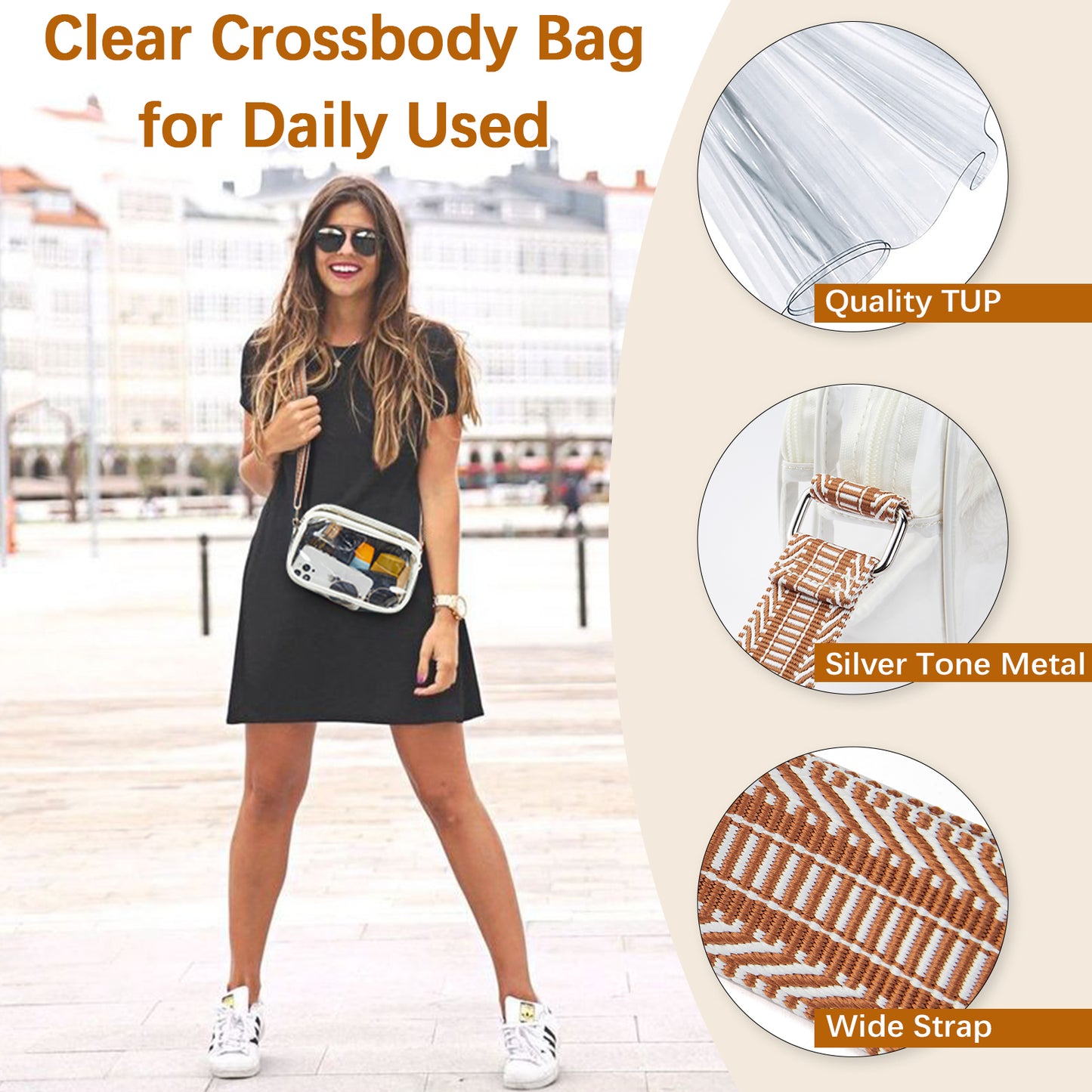 BOSTANTEN Clear Crossbody Purse for Women Triple Zip Cell Phone Handbag with Colored Shoulder Strap